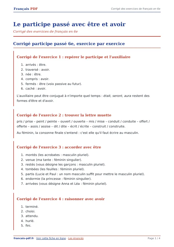 Corrigé « Le participe passé avec être et avoir » en PDF