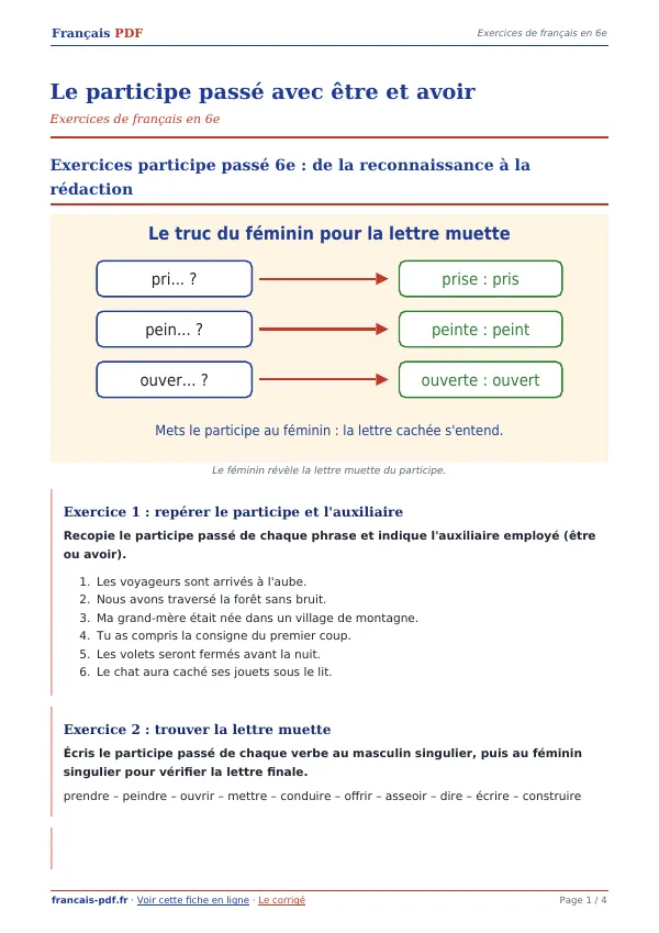 Exercices « Le participe passé avec être et avoir » en PDF