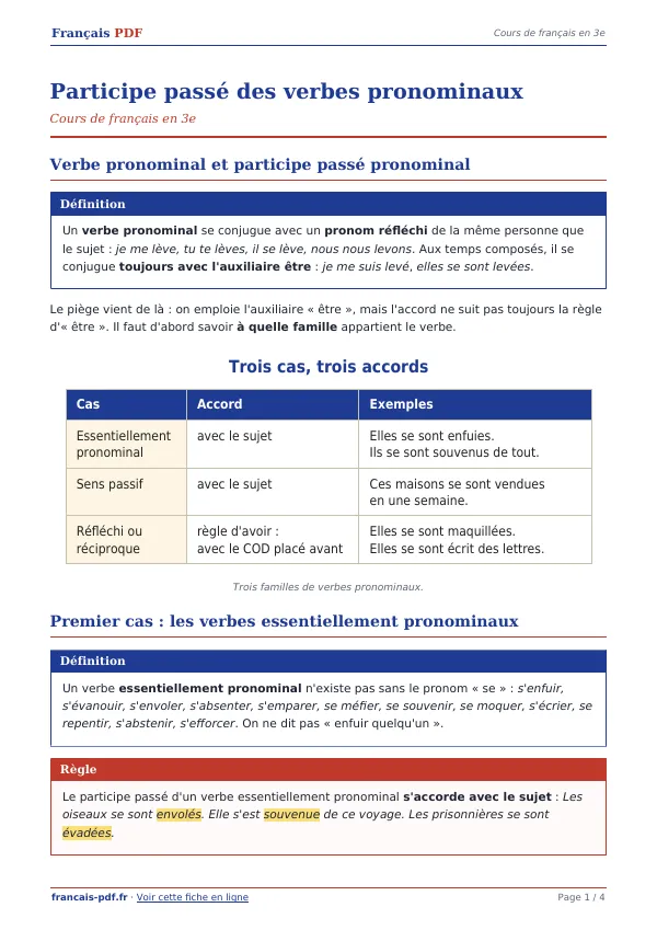 Cours « Participe passé des verbes pronominaux » en PDF