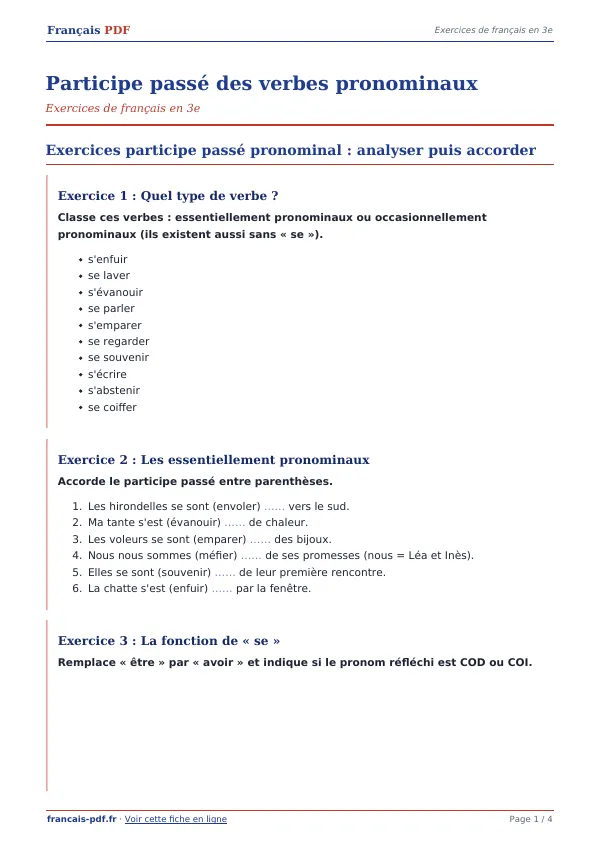 Exercices « Participe passé des verbes pronominaux » en PDF