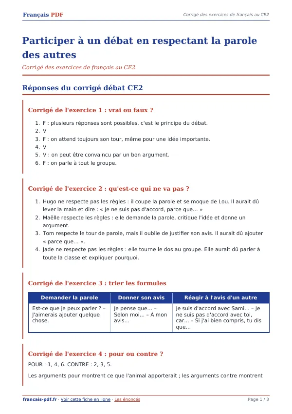 Corrigé « Participer à un débat en respectant la parole des autres » en PDF
