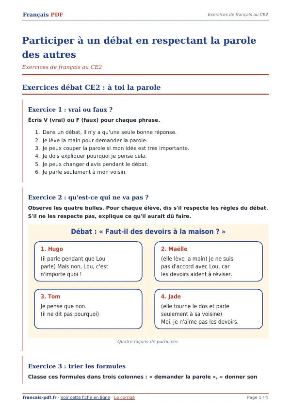 Exercices « Participer à un débat en respectant la parole des autres » en PDF