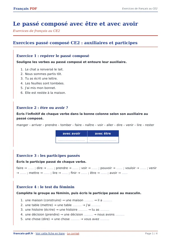 Exercices « Le passé composé avec être et avec avoir » en PDF