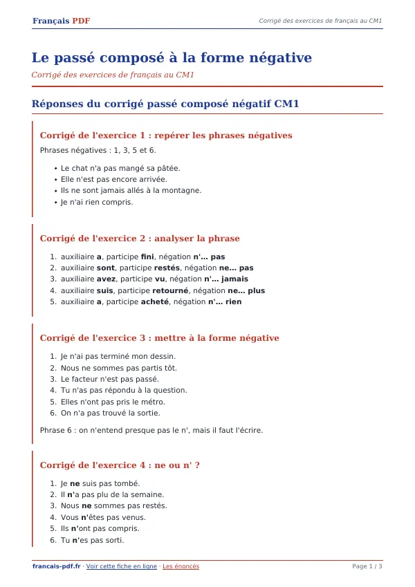 Corrigé « Le passé composé à la forme négative » en PDF