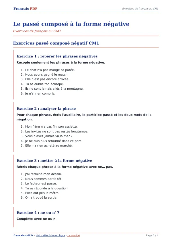 Exercices « Le passé composé à la forme négative » en PDF