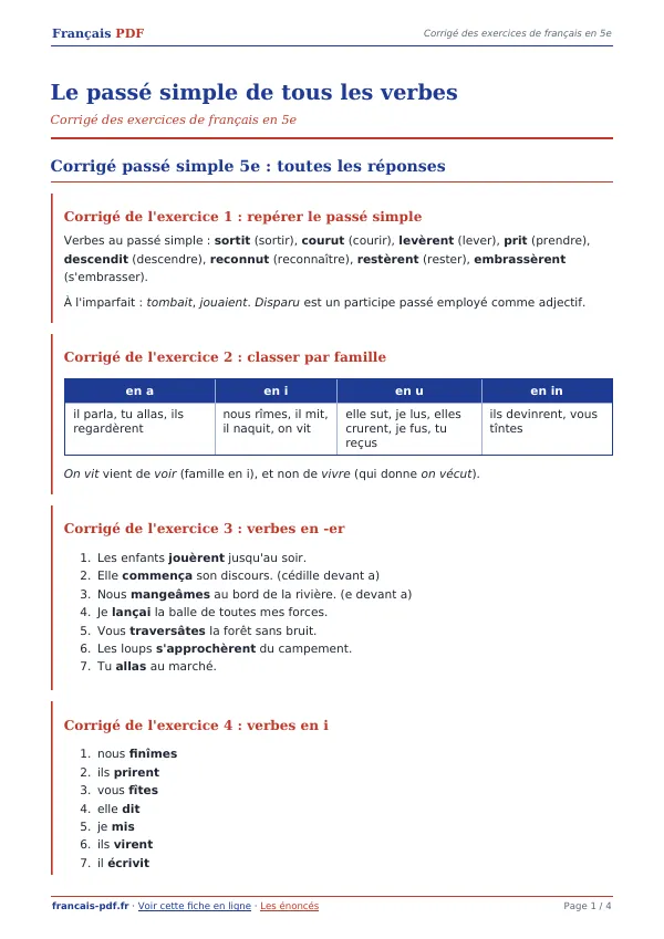 Corrigé « Le passé simple de tous les verbes » en PDF