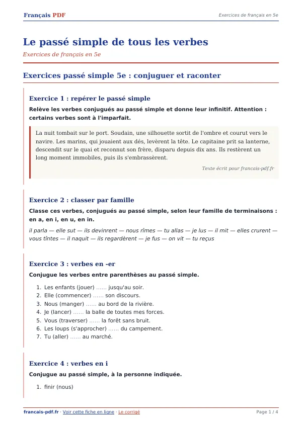 Exercices « Le passé simple de tous les verbes » en PDF