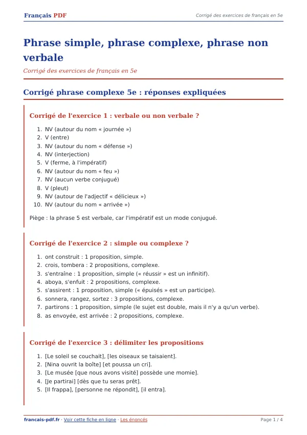 Corrigé « Phrase simple, phrase complexe, phrase non verbale » en PDF