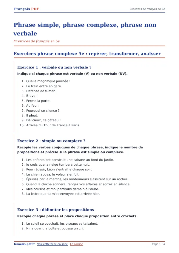 Exercices « Phrase simple, phrase complexe, phrase non verbale » en PDF