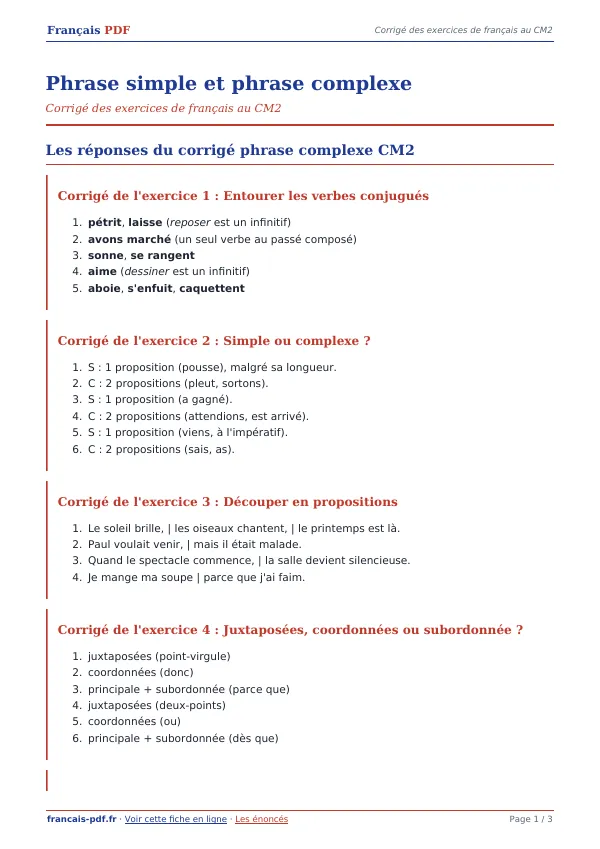 Corrigé « Phrase simple et phrase complexe » en PDF