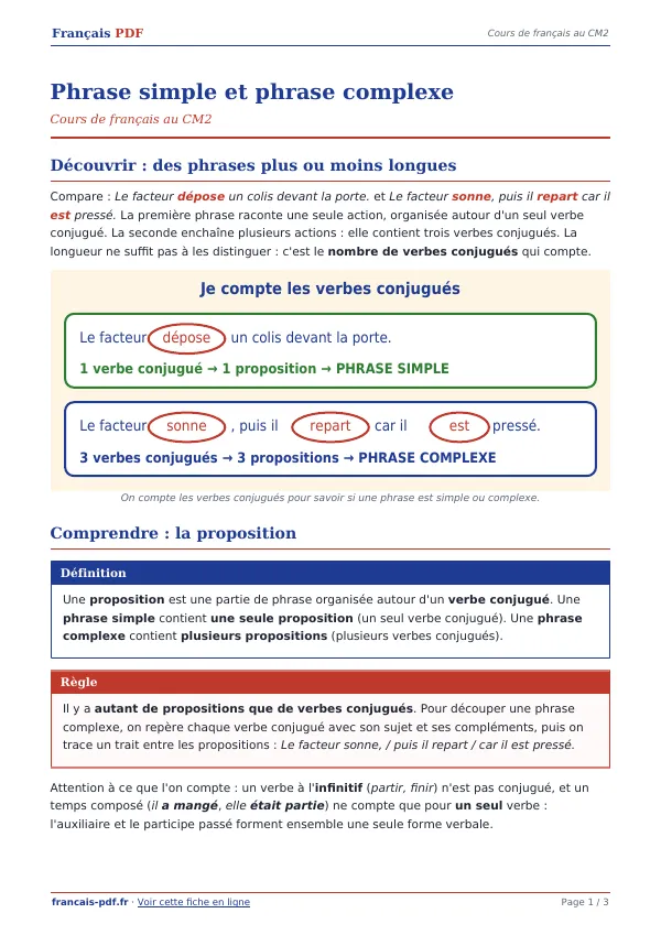 Cours « Phrase simple et phrase complexe » en PDF