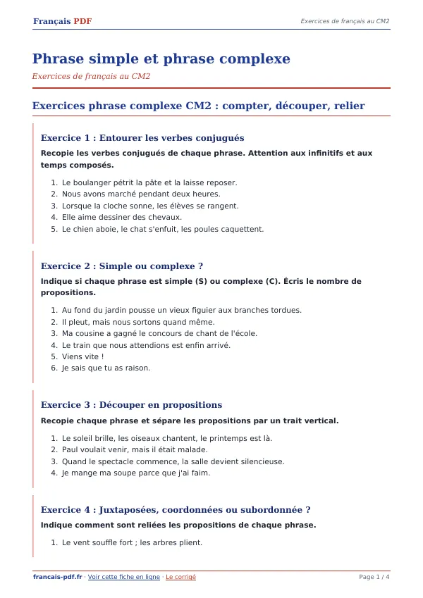Exercices « Phrase simple et phrase complexe » en PDF