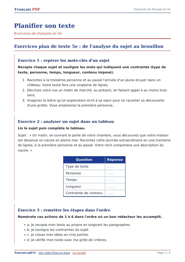 Exercices « Planifier son texte » en PDF