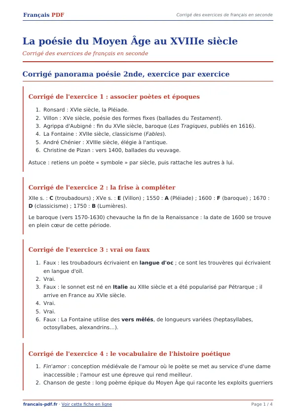 Corrigé « La poésie du Moyen Âge au XVIIIe siècle » en PDF