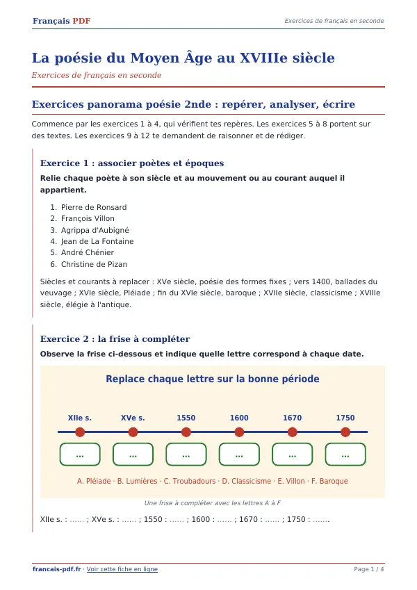 Exercices « La poésie du Moyen Âge au XVIIIe siècle » en PDF