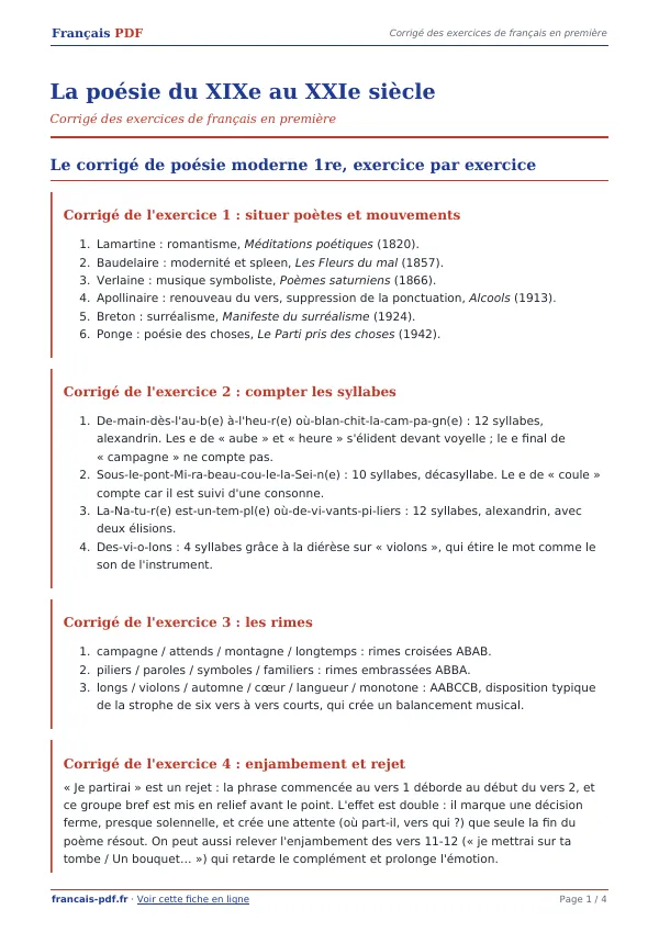 Corrigé « La poésie du XIXe au XXIe siècle » en PDF