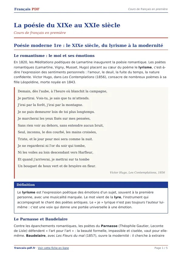 Cours « La poésie du XIXe au XXIe siècle » en PDF