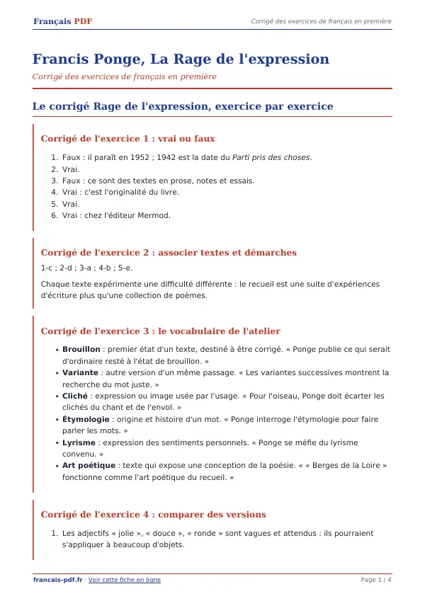 Corrigé « Francis Ponge, La Rage de l’expression » en PDF