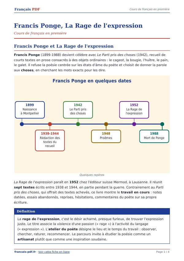Cours « Francis Ponge, La Rage de l’expression » en PDF