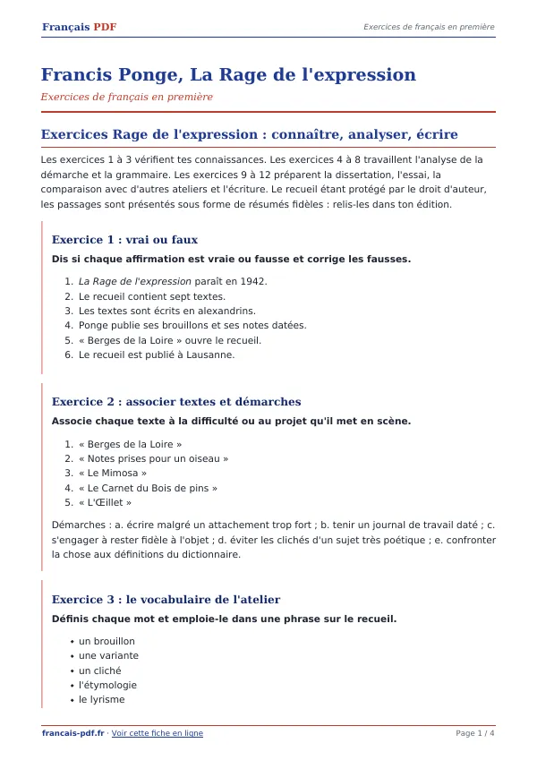 Exercices « Francis Ponge, La Rage de l’expression » en PDF