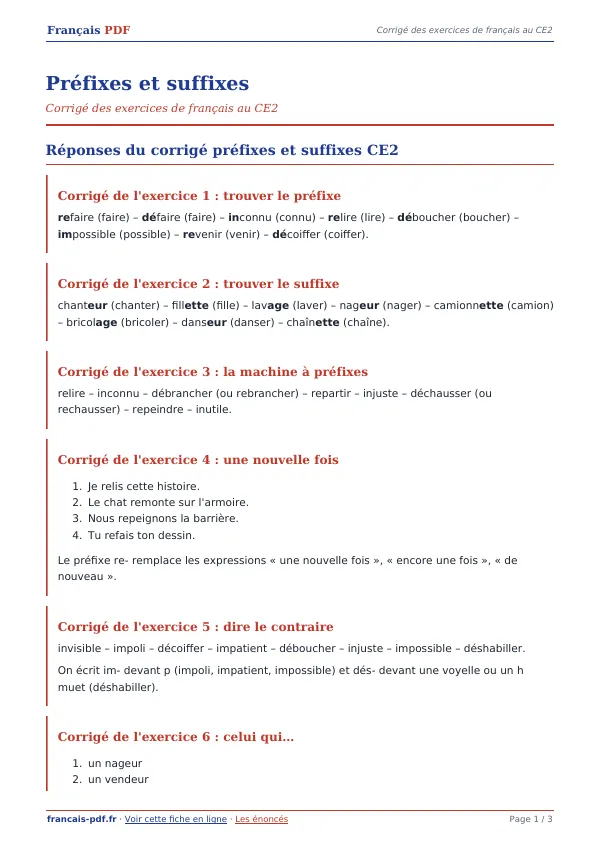 Corrigé « Préfixes et suffixes » en PDF