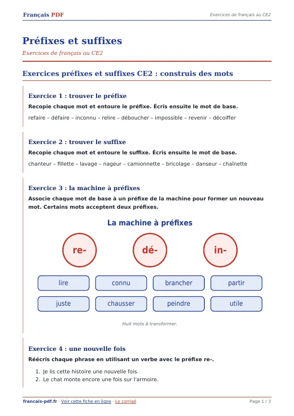 Exercices « Préfixes et suffixes » en PDF