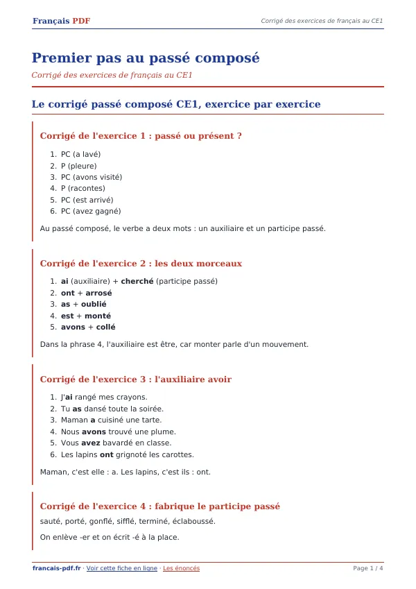 Corrigé « Premier pas au passé composé » en PDF