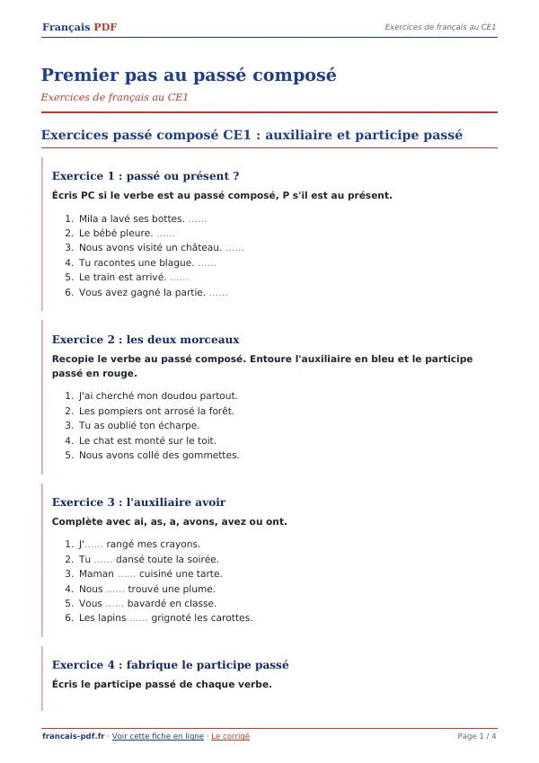 Exercices « Premier pas au passé composé » en PDF