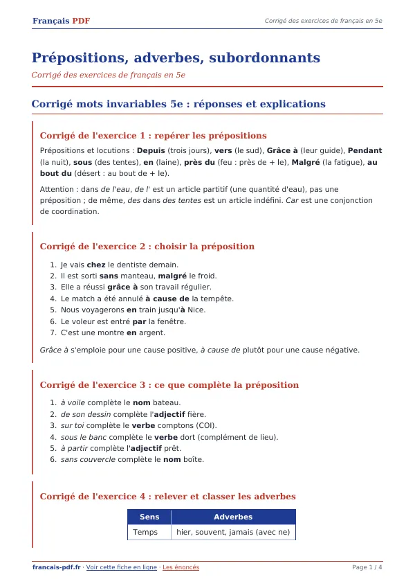Corrigé « Prépositions, adverbes, subordonnants » en PDF
