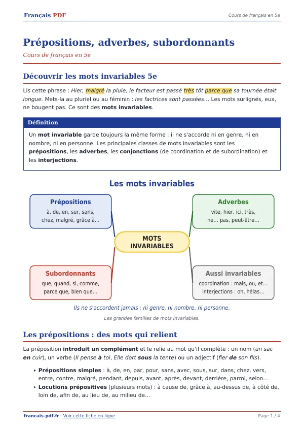 Cours « Prépositions, adverbes, subordonnants » en PDF