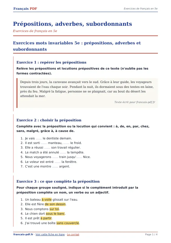 Exercices « Prépositions, adverbes, subordonnants » en PDF