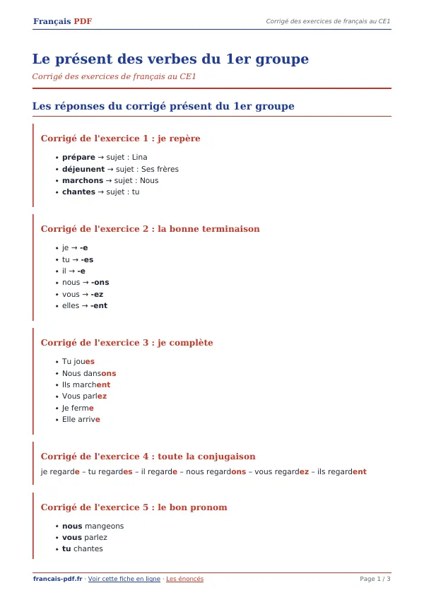 Corrigé « Le présent des verbes du 1er groupe » en PDF