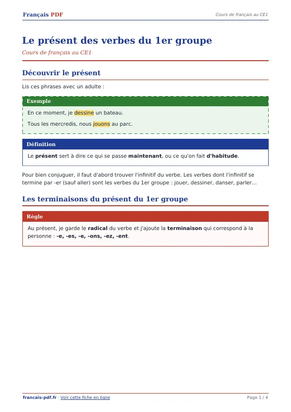 Cours « Le présent des verbes du 1er groupe » en PDF