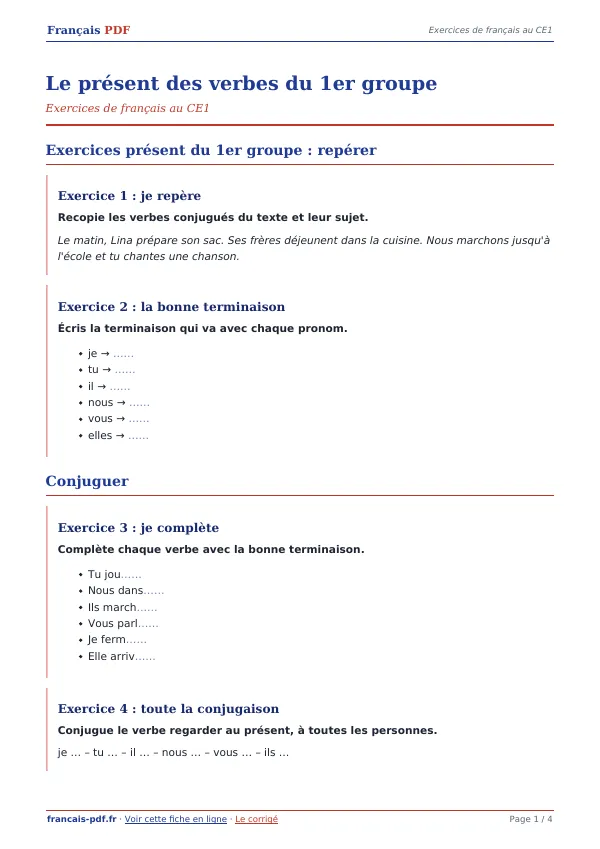 Exercices « Le présent des verbes du 1er groupe » en PDF