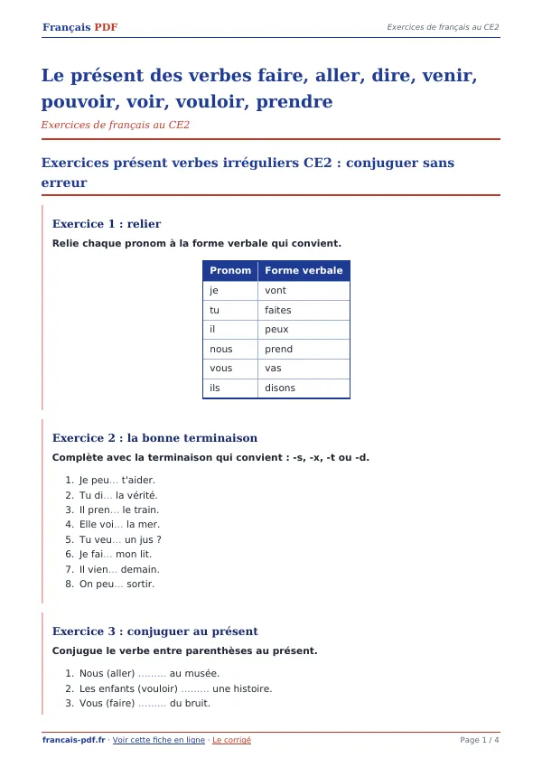 Exercices « Le présent des verbes faire, aller, dire, venir, pouvoir, voir, vouloir, prendre » en PDF