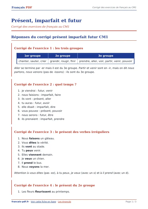 Corrigé « Présent, imparfait et futur » en PDF