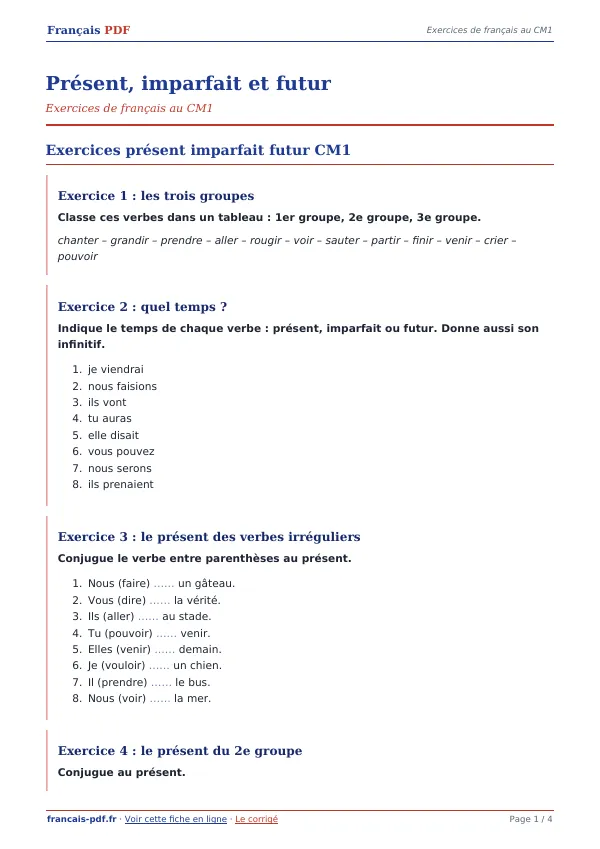 Exercices « Présent, imparfait et futur » en PDF