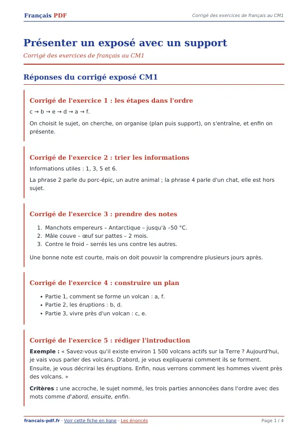 Corrigé « Présenter un exposé avec un support » en PDF