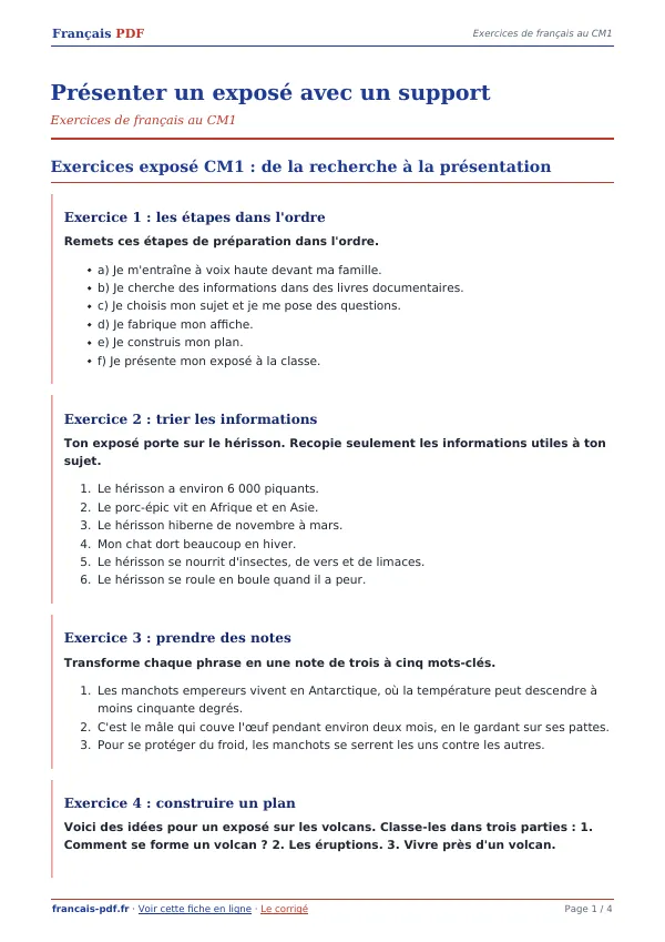 Exercices « Présenter un exposé avec un support » en PDF
