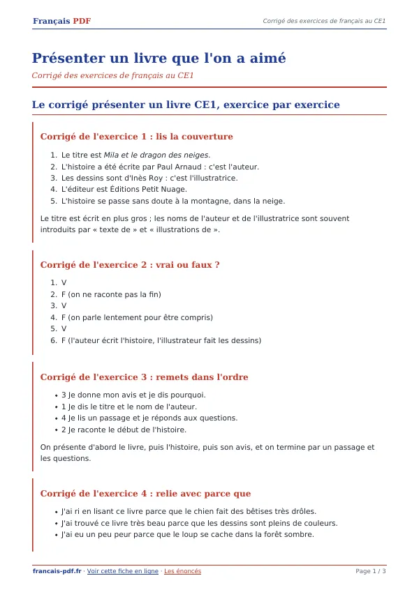 Corrigé « Présenter un livre que l’on a aimé » en PDF