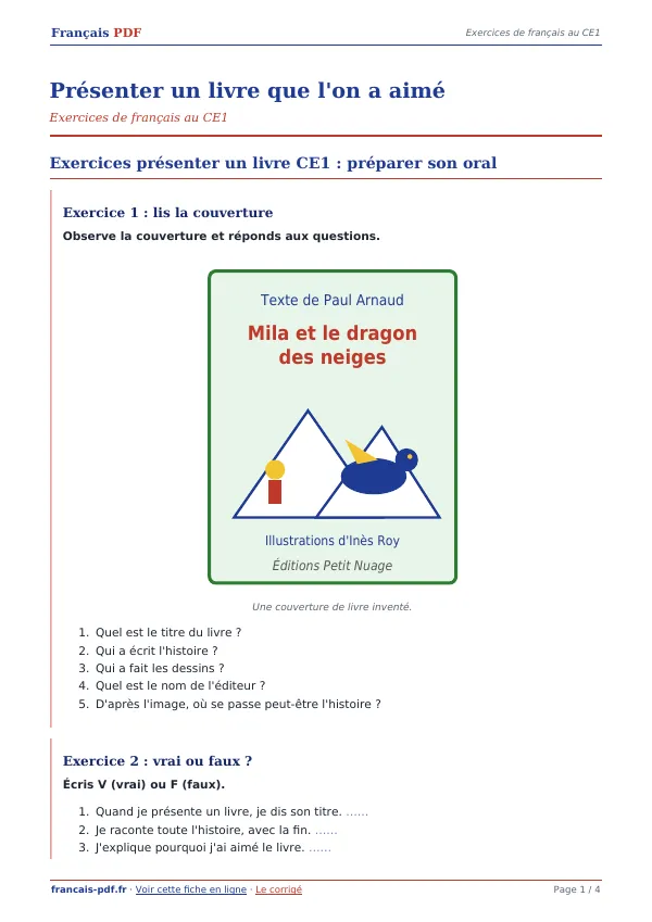 Exercices « Présenter un livre que l’on a aimé » en PDF