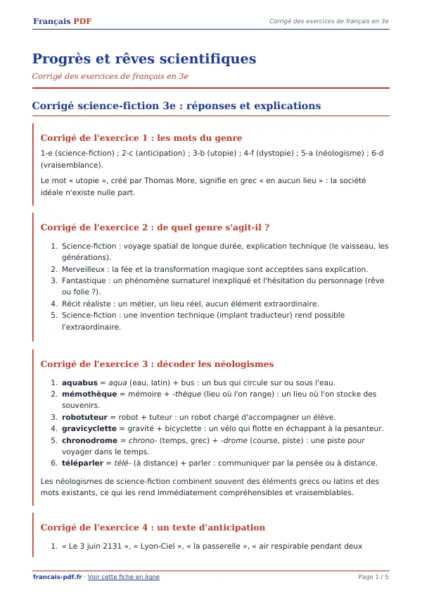 Corrigé « Progrès et rêves scientifiques » en PDF