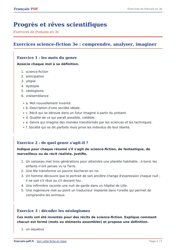 Exercices « Progrès et rêves scientifiques » en PDF