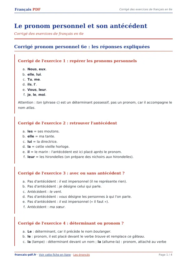 Corrigé « Le pronom personnel et son antécédent » en PDF