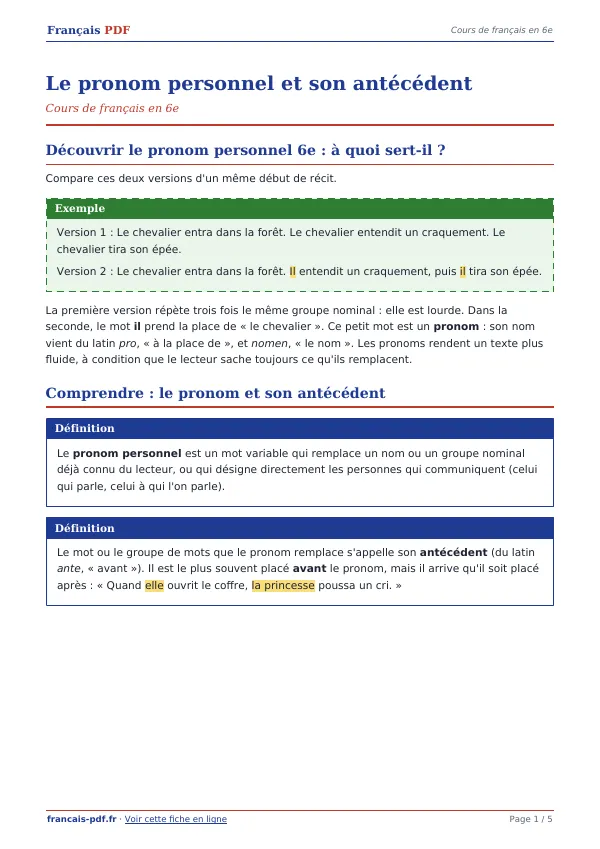 Cours « Le pronom personnel et son antécédent » en PDF