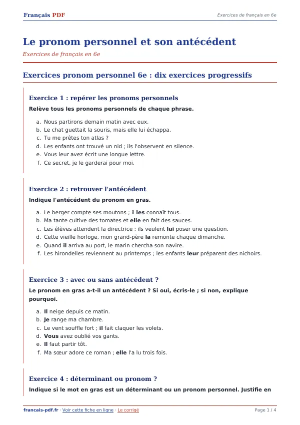 Exercices « Le pronom personnel et son antécédent » en PDF