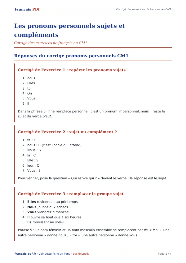 Corrigé « Les pronoms personnels sujets et compléments » en PDF