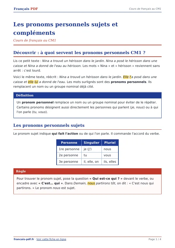 Cours « Les pronoms personnels sujets et compléments » en PDF