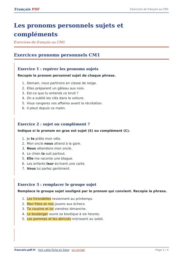 Exercices « Les pronoms personnels sujets et compléments » en PDF