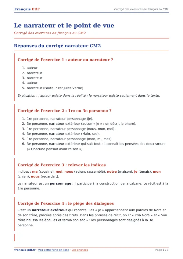 Corrigé « Le narrateur et le point de vue » en PDF